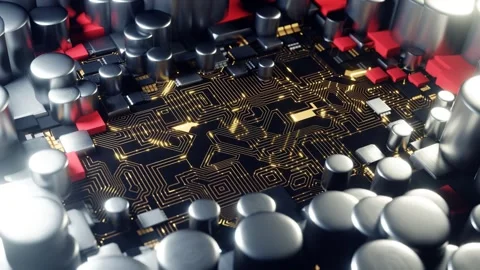 Contemporary circuit board with metallic components stylish red accents in a Stock Footage 277575313