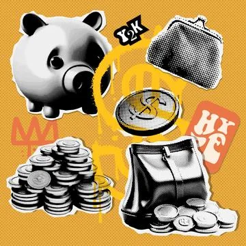 Contemporary collage elements set with coins, money, piggy bank, and retro Stock Illustration