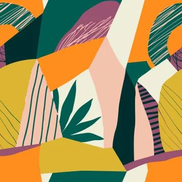 Contemporary collage floral seamless pattern. Modern exotic jungle fruits and Stock Illustration