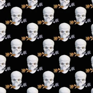 Contemporary collage. Seamless pattern of white skulls with a gold and silver Stock Photos