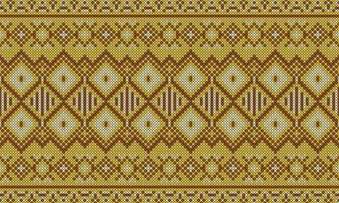 Contemporary cross-stitch pattern in yellow tones with brown borders. Stock Illustration