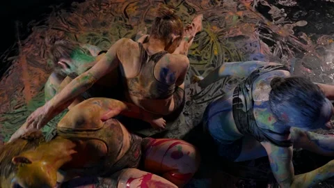 Contemporary dance and art performance women and paints, young ladies Stock Footage 169238544
