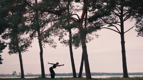 Contemporary dancer in black clothes dancing among the trees by the sea Stock Footage 265896863