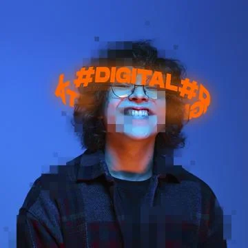 Contemporary design. Young smiling man with pixel body part and neon lettering Stock Photos