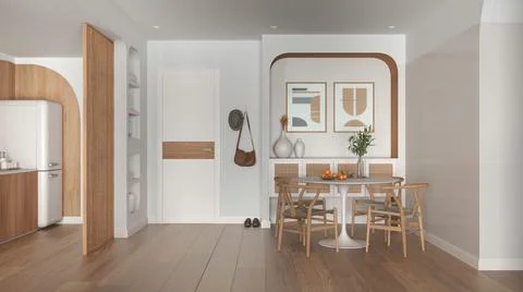 Contemporary dining room and kitchen in white and wooden tones, round table w Stock Illustration