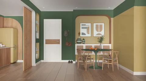 Contemporary dining room and kitchen in green and wooden tones, round table w Stock Illustration