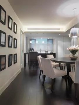 Contemporary dining room with circular table Fotos de archivo