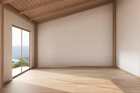 Contemporary empty attic slope ceiling room with wooden floor and panoramic.. Stock Illustration