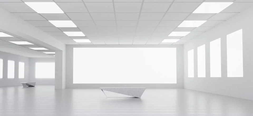 Contemporary Empty Gallery with White Surfaces, 3D render illustration Stock Illustration
