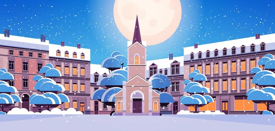 Contemporary facade of church and houses buildings architecture night winter Stock Illustration