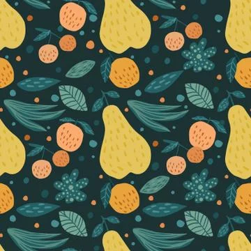 Contemporary fruits seamless pattern. Cherry berries, apples, pears and leave Illustrazione stock