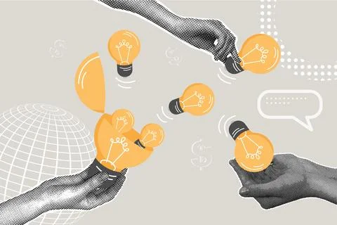 Contemporary halftone collage. Concept idea generation, invention and cognition Stock Illustration