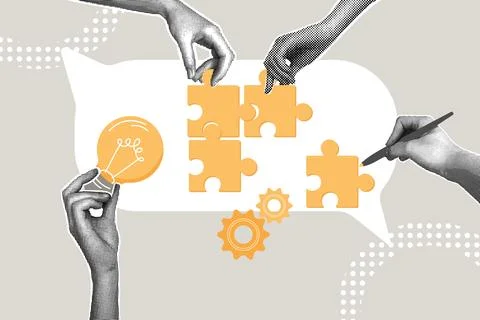 Contemporary halftone collage. Concept of solving a problem, suggesting an idea Stock Illustration