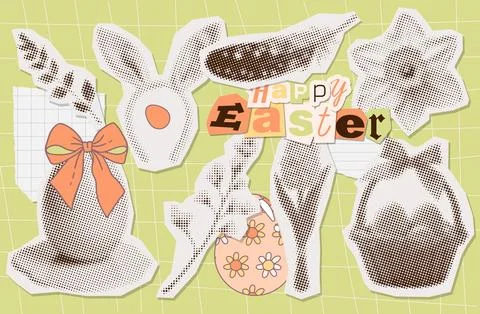 Contemporary halftone paper collage elements set of egg, spring flower and Stock Illustration