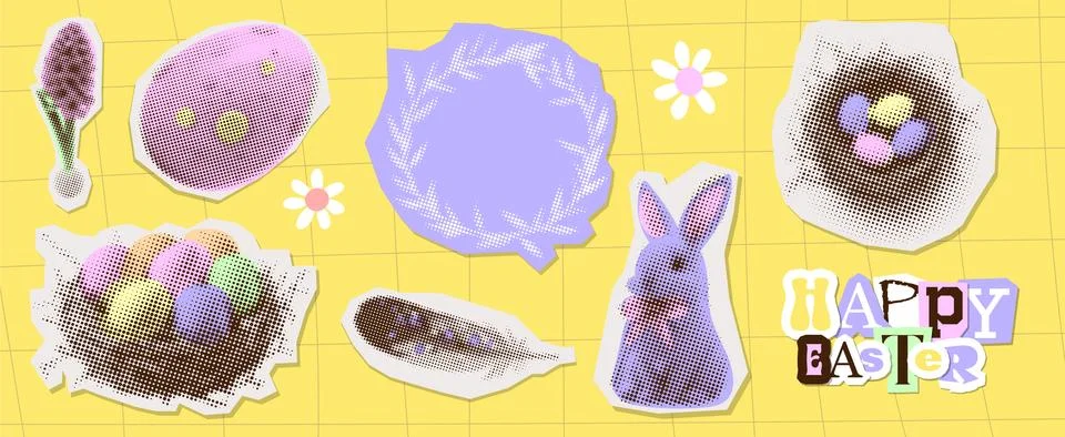 Contemporary halftone paper collage elements set of egg, spring flower and Illustrazione stock