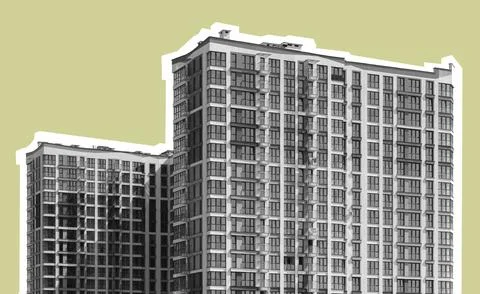 Contemporary high rise tower in developing metropolitan area. Tall residentia Stock Photos