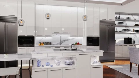 Contemporary interior design of the white kitchen cabinets and quartz counter Stockbeeldmateriaal 220676324