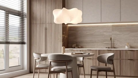 Contemporary kitchen and dining space with stylish wooden accents. High quality Stock Footage 269323204