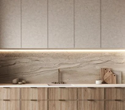 Contemporary kitchen design emphasizing neutral tones, natural wood, and sublime 스톡 일러스트