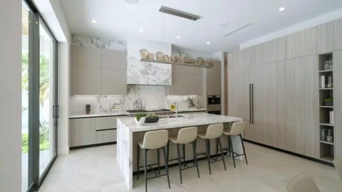 Contemporary kitchen interior with clean and minimalist design. Light wood Stock Footage 275825522