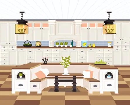 Contemporary kitchen interior empty no people house dining room modern apartment Stock Illustration