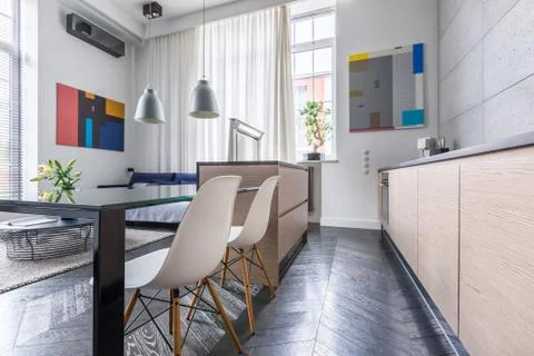 Contemporary kitchen with table Stock Photos