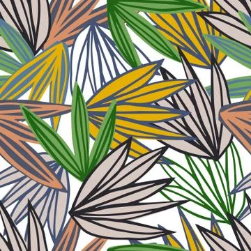 Contemporary leaves seamless pattern. Creative outline tropical leaf hand dra Stock Illustration
