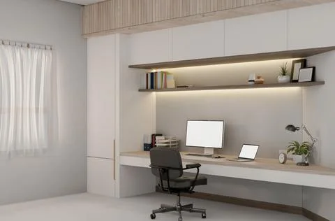 A contemporary luxurious office features a computer and laptop mockup on a .. Stock-Illustration