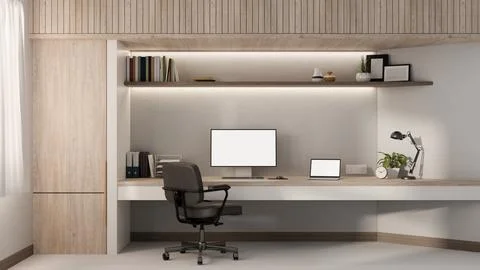 A contemporary luxurious office features a computer and laptop mockup on a .. Stock-Illustration