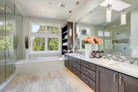 Contemporary master bathroom features a dark dual vanity cabinet , glass walk Stock-Fotos