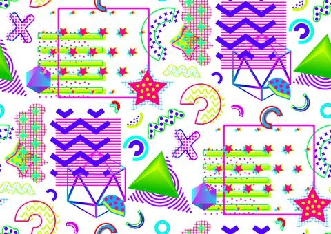 Contemporary Memphis inspired style vector seamless pattern. Dense over-the-top Stock Illustration