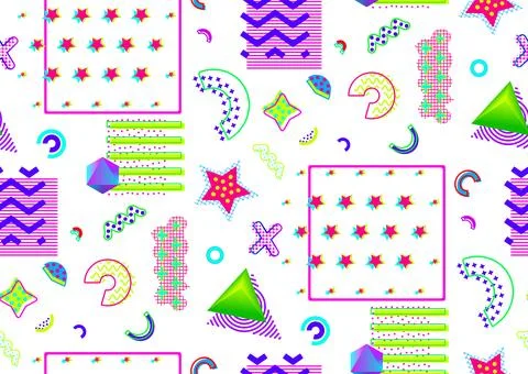 Contemporary Memphis inspired style vector seamless pattern. Dense over-the-top Stock Illustration