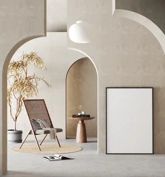 Contemporary minimalist white interior empty frame  Scandi-Boho style 3d ren Stock Illustration
