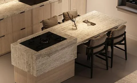 Contemporary modern kitchen featuring an elegant marble island and comfortable Illustrazione stock