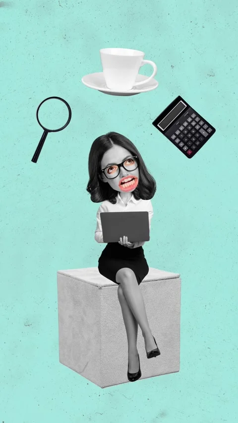 Contemporary motion collage video of puzzled manager girl sit type laptop Stock Footage 301633744