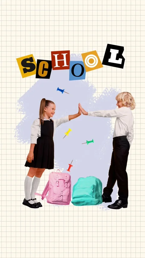 Contemporary motion collage video of two schoolgirl schoolboy give high five Stock Footage 301513972