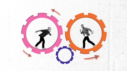 Contemporary motion collage video of two happy men partners run gears success Stock-Footage 303157739
