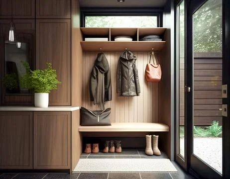 A Contemporary Mudroom with Large Windows Ilustración de archivo
