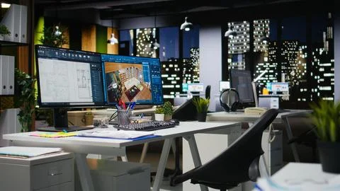 Contemporary office desk with CAD interface displaying digital blueprints Stock Photos