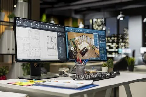 Contemporary office desk with CAD interface displaying digital blueprints Stockfoto's