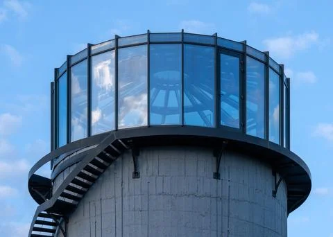 Contemporary panoramic pavilion on cylindrical structure 库存照片