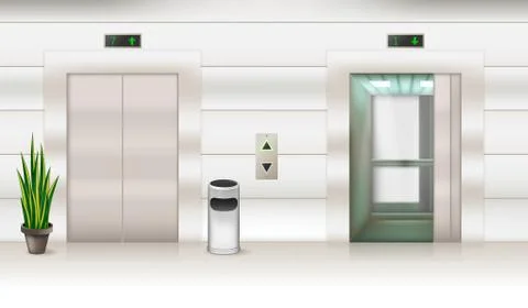 Contemporary passenger or cargo elevators with open and closed doors 3D design Illustrazione stock