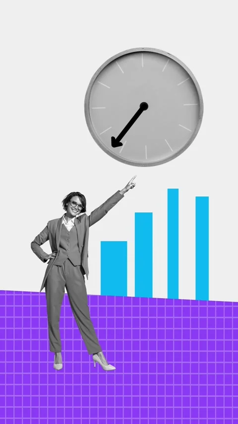 Contemporary post motion collage video of happy businesswoman point clock chart Stock Footage 304501314