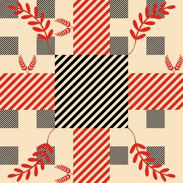 Contemporary Repeating Checkerboard Pattern with Vibrant Natural Leaf Accents Stock Illustration