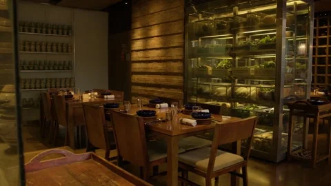 Contemporary Restaurant Dining Area With Fresh Produce Shelves in Beijing, China Stock Footage 345778240