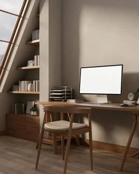 A contemporary Scandinavian workspace features a computer placed on a woode.. Stock Illustration