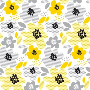 Contemporary spring floral seamless pattern with yellow abstract flowers. mod Stock Illustration