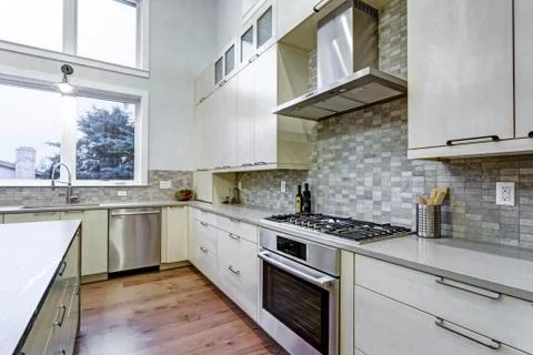 Contemporary white kitchen with Upscale kitchen appliances, custom built cabi Foto stock