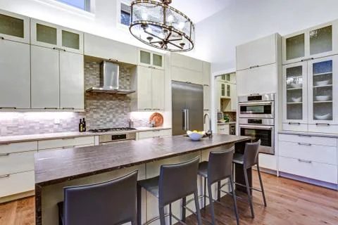 Contemporary white kitchen with Upscale kitchen appliances, custom built cabi Foto stock