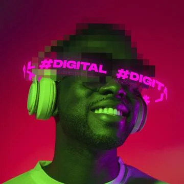 Contemporay artwork. African man with pixel head parts listening to music in Stock Photos